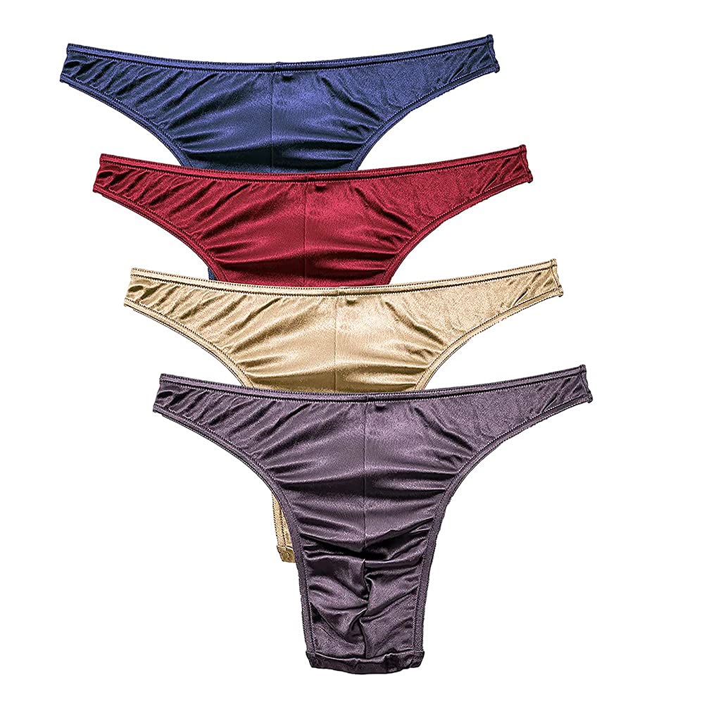 MIERSIDE Men's Satin Stretch Support Wide Waistband Satin Briefs Thong G-string 4 Pcs/pack