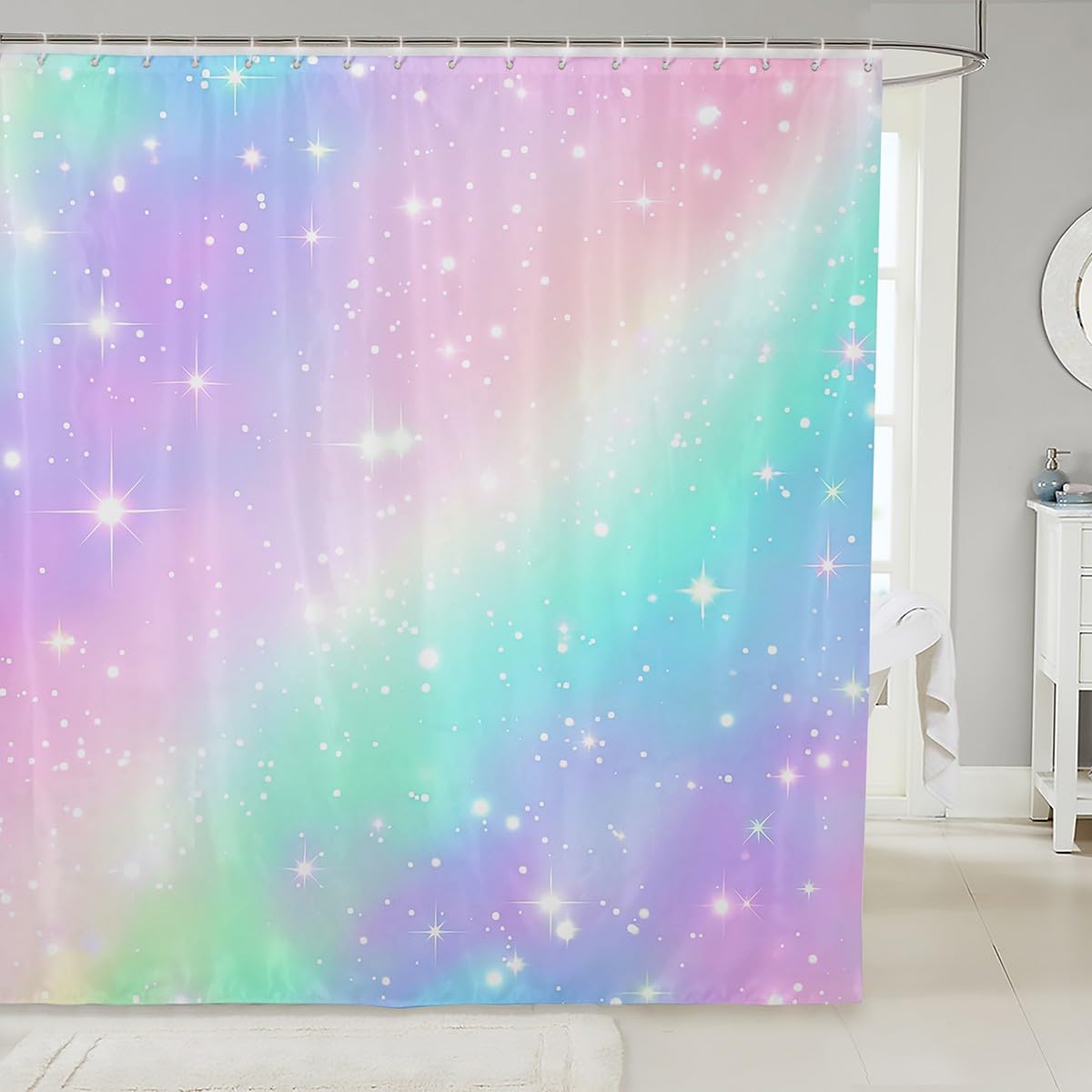 Erosebridal Tie Dye Shower Curtain Girl Batik Bath Curtain Rainbow Iridescent Gypsy Bathroom Sets Accessories Trippy Bathtub Shower Curtain, Pink Purple Blue Print Decor with Hooks 72" W x 72" L