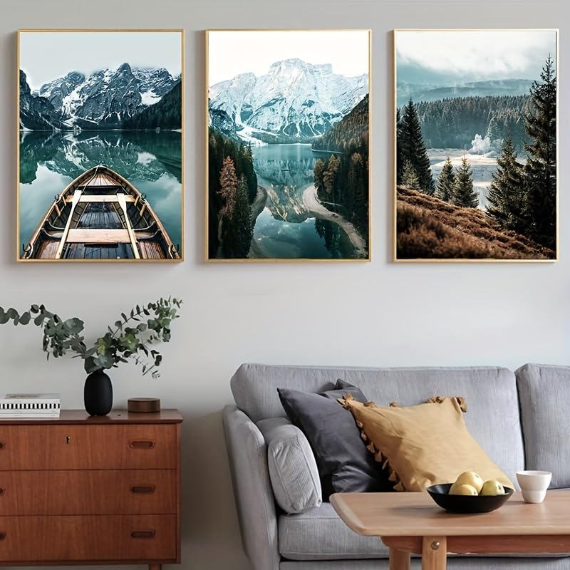 Art mural paysage de montagne et bateau toile tendue avec cadre