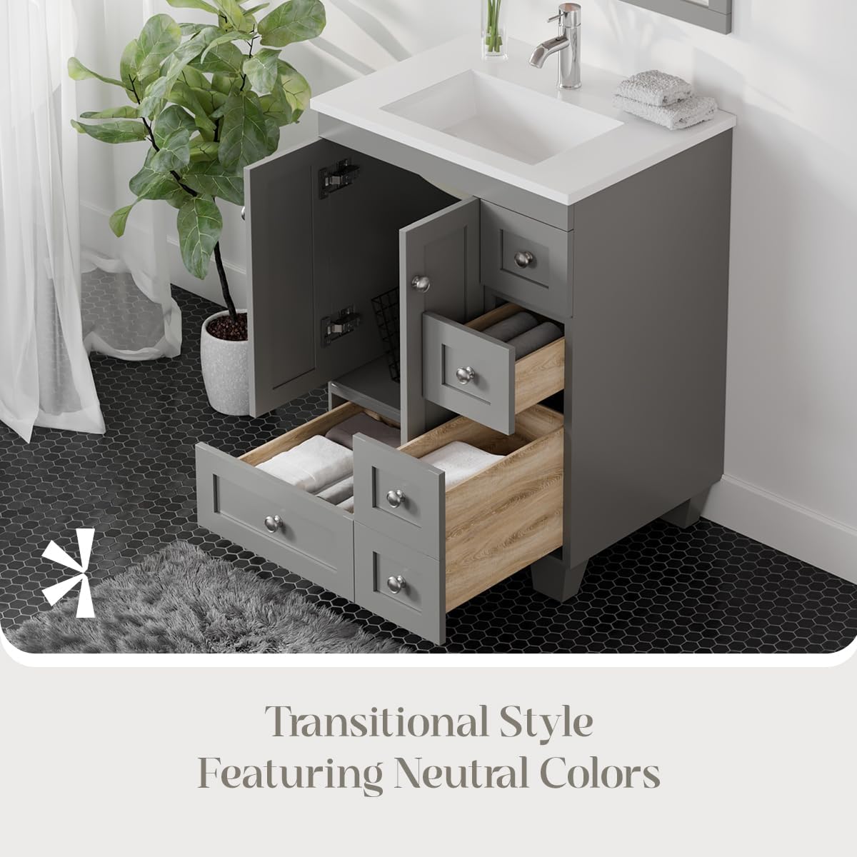 Eviva Gray Small Bathroom Vanity with Sink -Standing Single Sink Bathroom Vanity with Top - Wood Bathroom Sink Cabinet Metal Frame - Single Drawer Vanity Bathroom -24 Inch Vanity with Sink