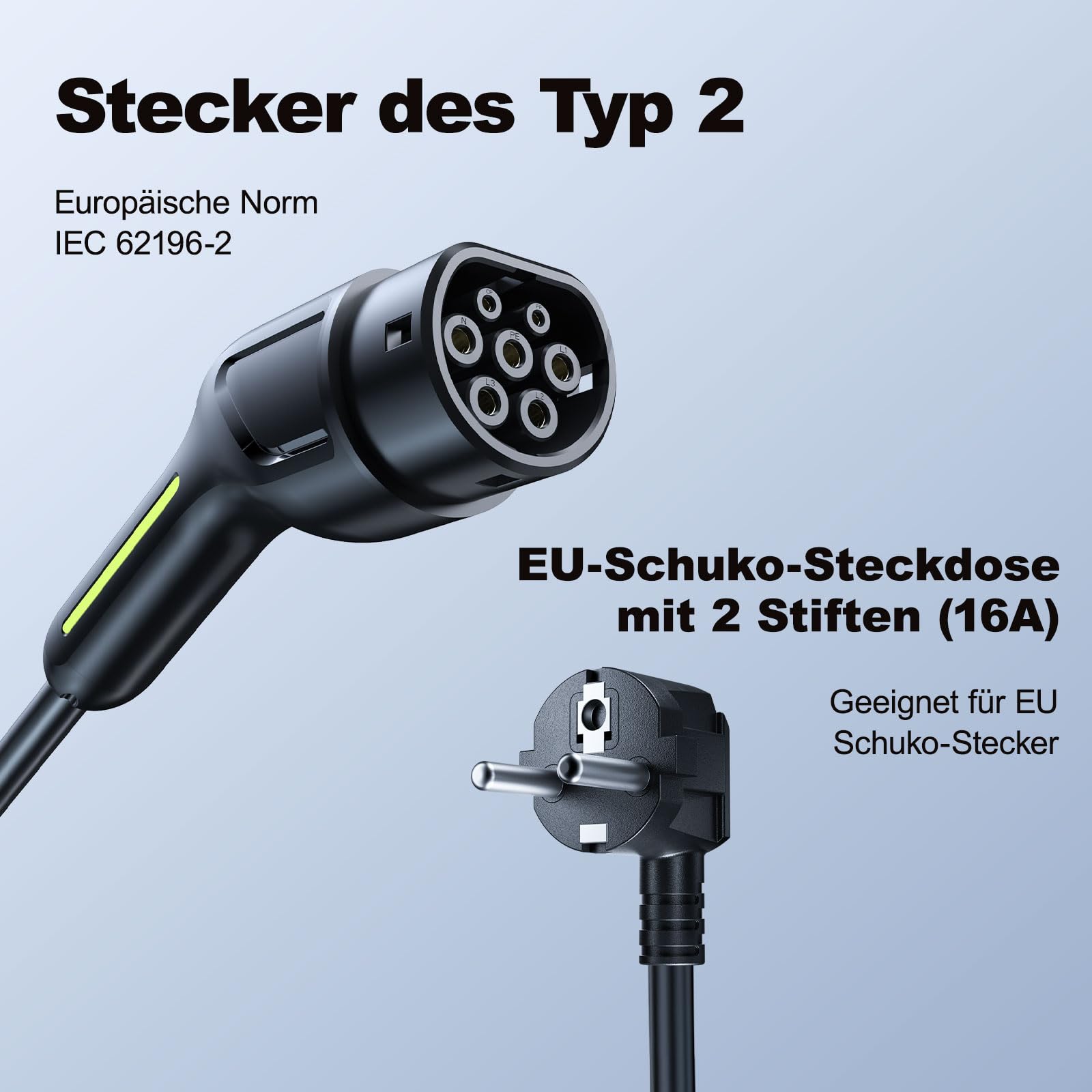 Cable de carga tipo 2 Schuko 3,68 kW 5 m 16 A EV cable de carga para coche eléctrico y PHEV, cargador portátil con enchufe europeo Schuko, IP65 resistente al agua, estándar IEC 62196-2, compatible con