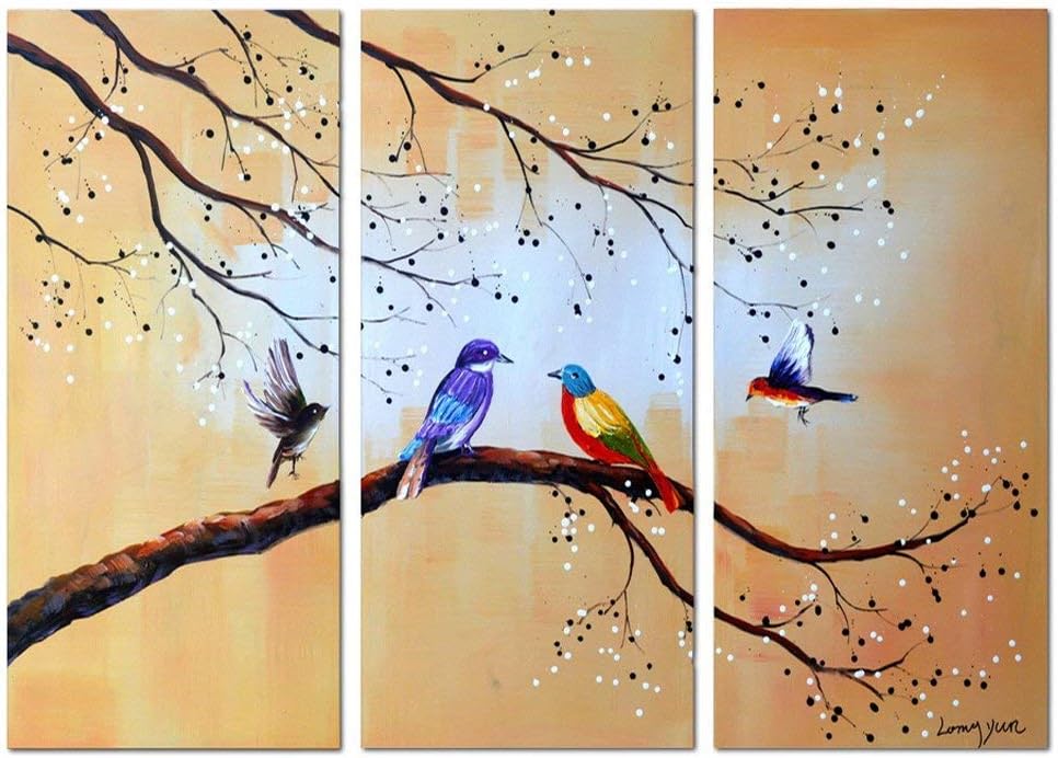 Global Artwork Hand Painted 3 Piece Modern Abstract Oil Paintings on Canvas Tree Birds Pictures Wall Art for Living Room Home Decor Framed, Yellow (42Wx32L inch)