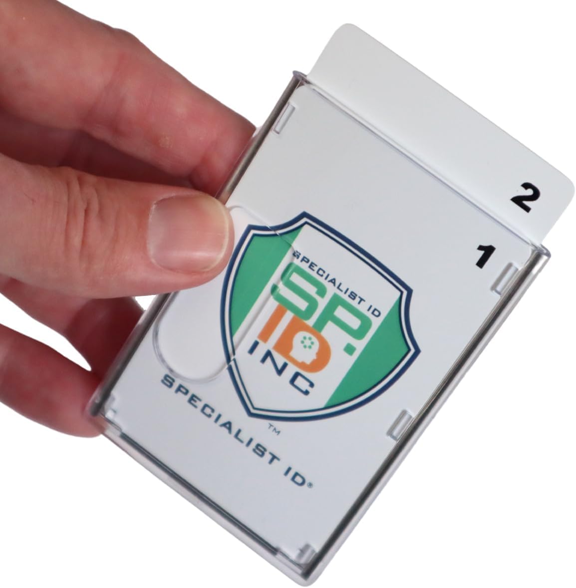 Bulk 50 Pack - RFID Blocking Rigid Shielded 2-Card Badge Holder - Double Sided I'd Card Protector with Thumb Slide Removal - Horizontal or Vertical Orientation by Specialist ID