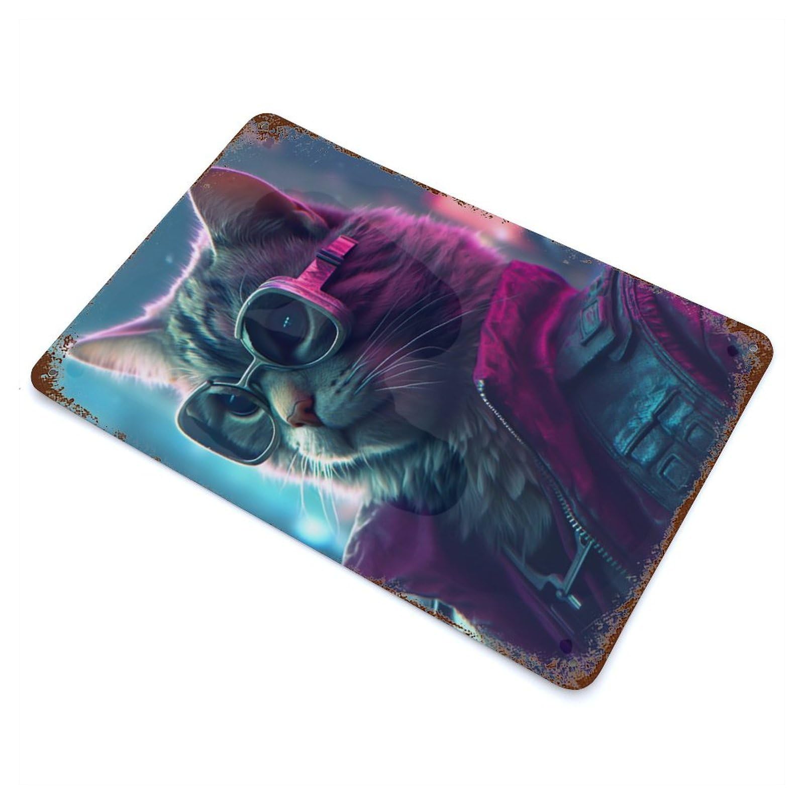 Cat Glasses Jacket Future Aged Metal Wall Plaque 11.8"x7.9", for Living Room, Hallway And Home Decor, Shabby Chic Decor