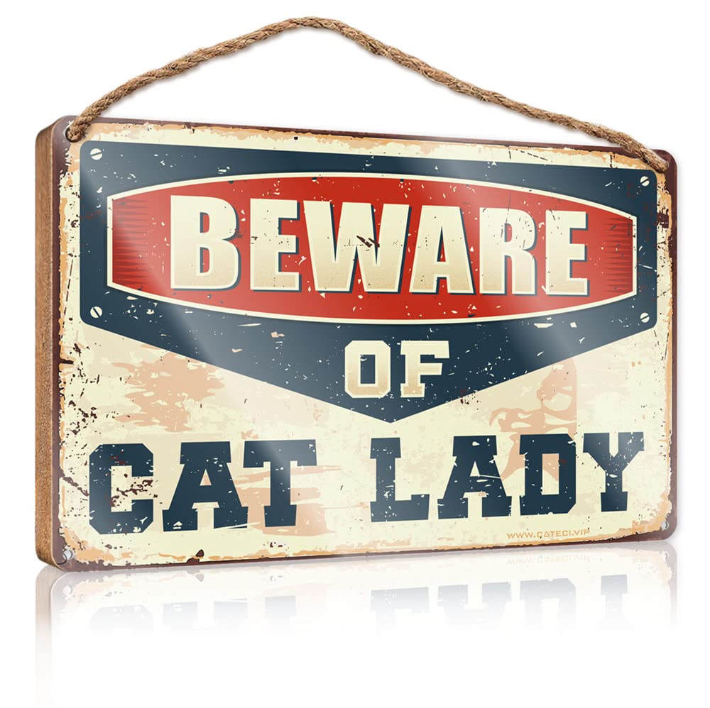 DTHA Funny Hanging Sign Beware Of Cat Lady Wooden Sign Funny Bedroom Decor Wood Hanging Sign Plaque(20X30CM)