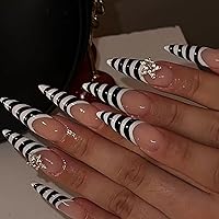 Vista 14 de 24 piezas de uñas postizas almendradas a presión de longitud media, puntas de uñas estilo stiletto, uñas postizas reutilizables con diseño de rayas
