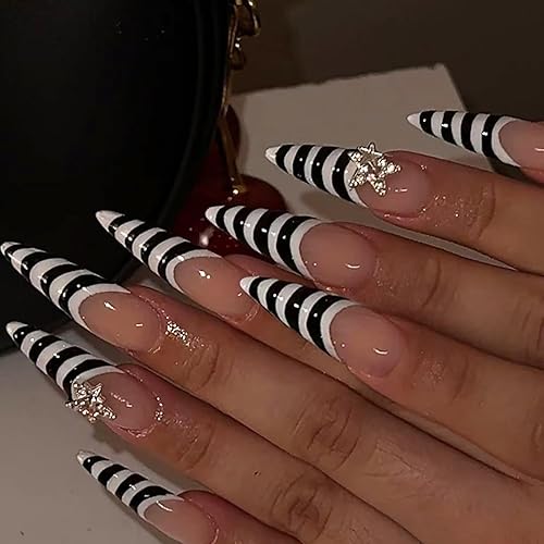 Miniatura 14 de 24 piezas de uñas postizas almendradas a presión de longitud media, puntas de uñas estilo stiletto, uñas postizas reutilizables con diseño de rayas