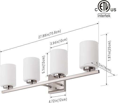 Miniatura 2 de mirrea Lámpara de tocador de baño moderna de 28 pulgadas con 4 luces con pantallas de vidrio blanco grabadas con acabado de níquel cepillado
