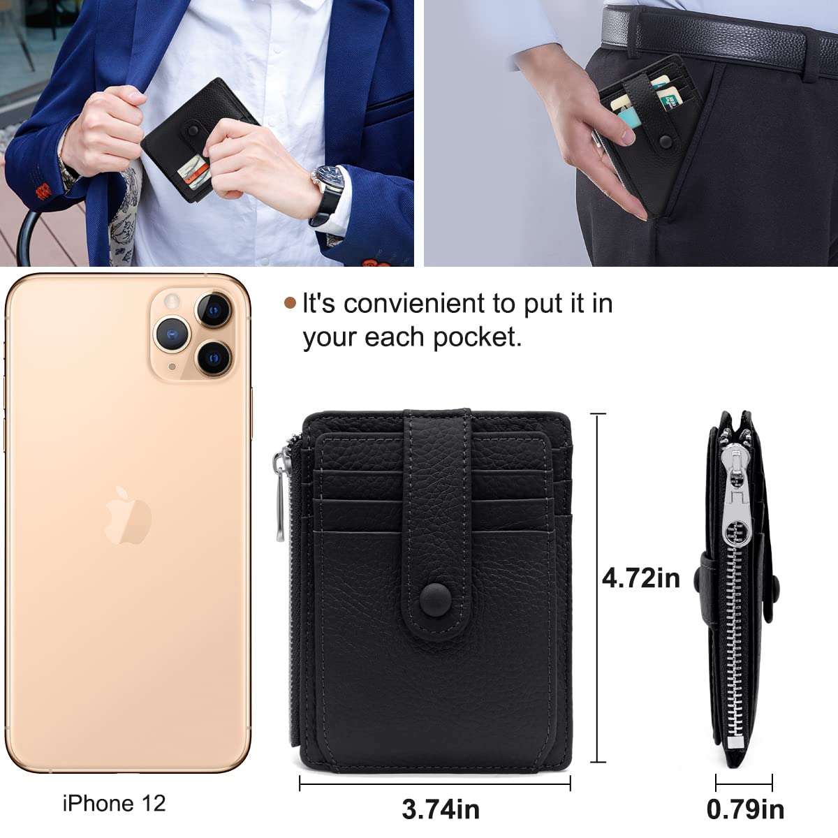 REETEE Portfel damski i męski, mały, z prawdziwej skóry, etui na karty, ochrona RFID, 14 przegródek na karty, Slim Wallet na prezent, czarny, M, minimalizm
