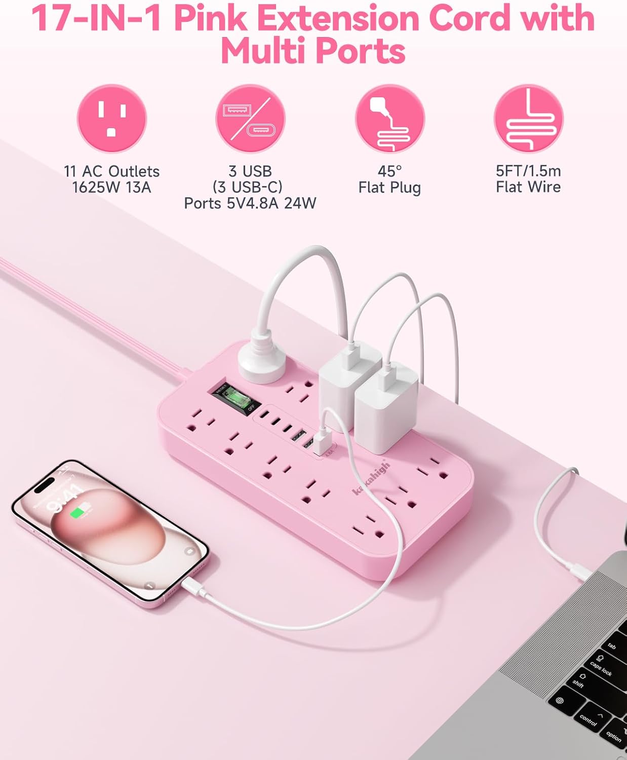 Pink Extension Cord with Multiple Outlets- 5 FT Kawaii Power Strip, Cute Extension Cord with 11 AC Outlet 6 USB (24W/4.8A), Charging Station for Cute Pink Kawaii Desk Home Room Decor Essentials Gifts