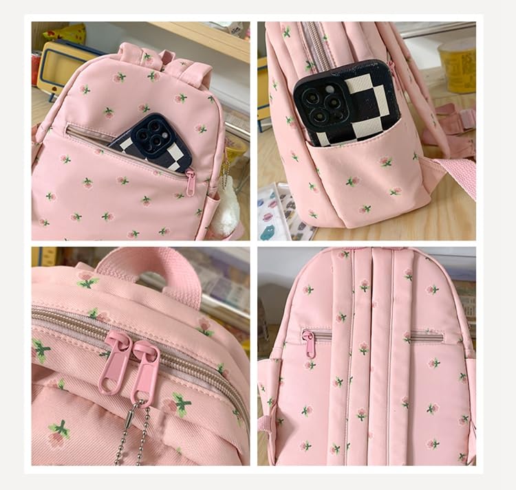 Wenray Floral Lightweight Aesthetic kawaii Girls Cute Backpack for School Preppy Bookbag Mini Casual Backpack with Accessories Y2K (Black)4