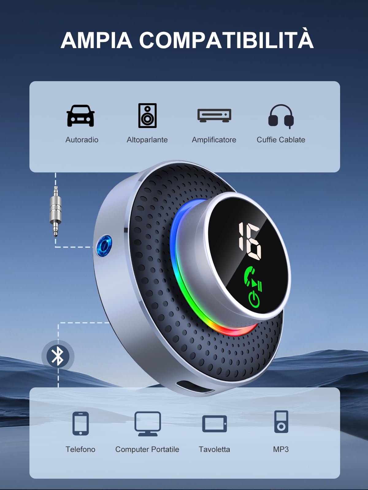Glangeh Ricevitore Adattatore Bluetooth 5.3 Auto AUX, Pulsante Ingrandito e LED Schermo, con Jack 3,5mm, per Stereo/Altoparlante/Cuffie, Chiamate In Vivavoce, Supporta Siri