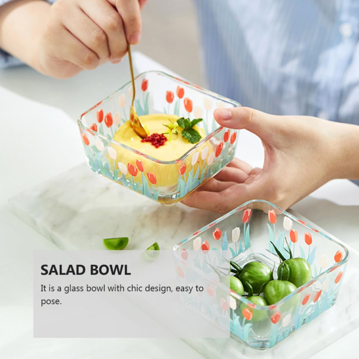 4 Piezas Cuenco de Vidrio Cuadrado Estilo Tulipán, Tazón de Postre Transparente para Snacks y Ensalada, Diseño Chic, Uso en Cocina y Restaurante
