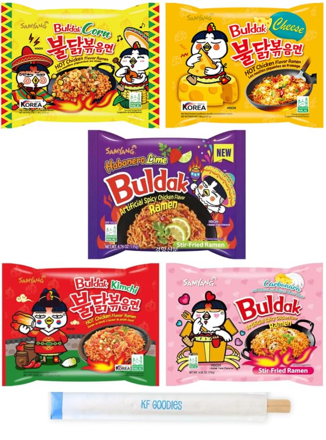 Samyang Buldak Hot Spicy Chicken Ramen Noodle Korean Stir-Fried Ramen (5 Pack, Carbonara, Cheese, Cream Carbonara, Habanero Lime & Quattro Cheese)