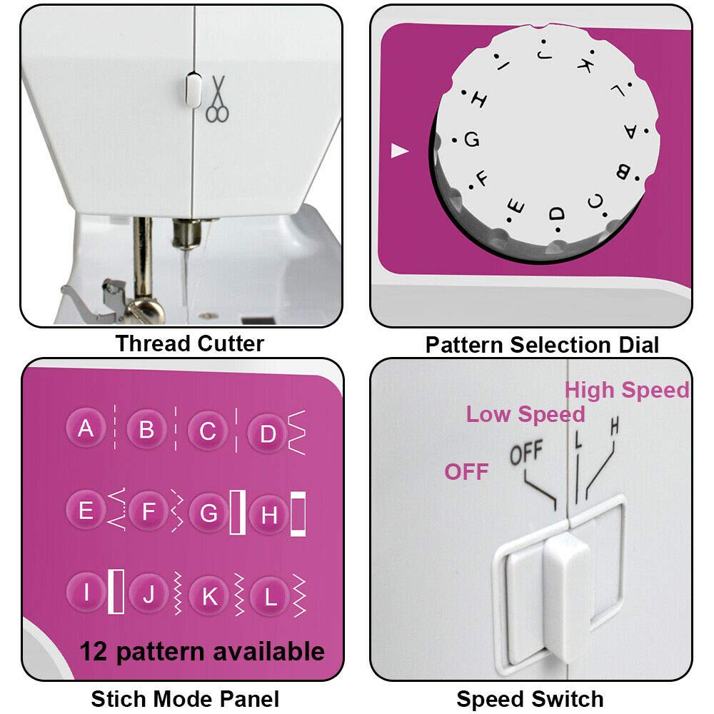 Maszyna do szycia LED Przenośna maszyna do szycia Mini Elektryczny domowy Crafting Mender Overlock 12 szwów z pedałem stóp