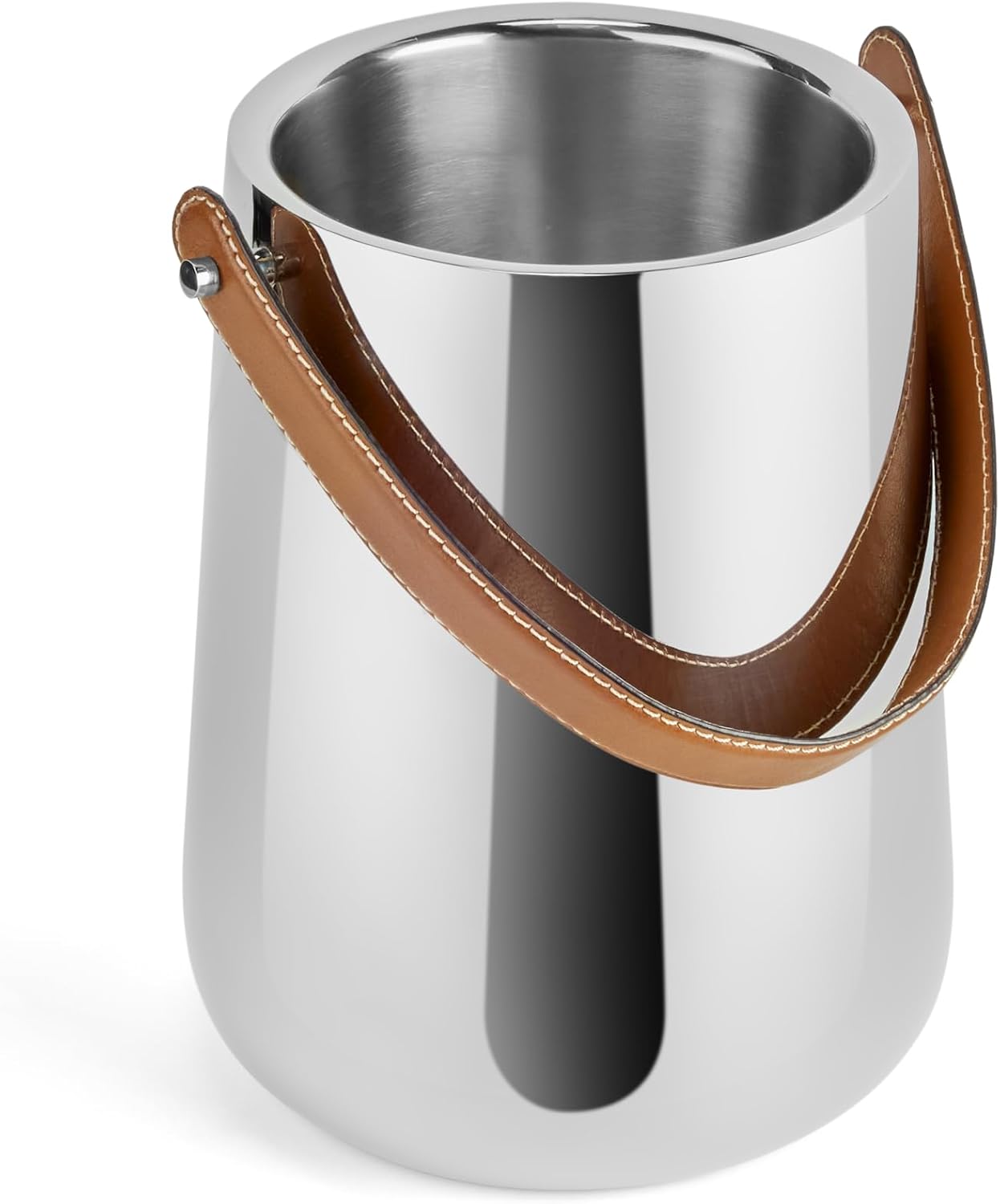 Nambe Tahoe Wine Chiller – 8.25" Double-Walled Stainless Steel Cooler with Genuine Leather Handle – Modern Beverage Cooler for Wine & Champagne, Tall Barware for Home Entertaining