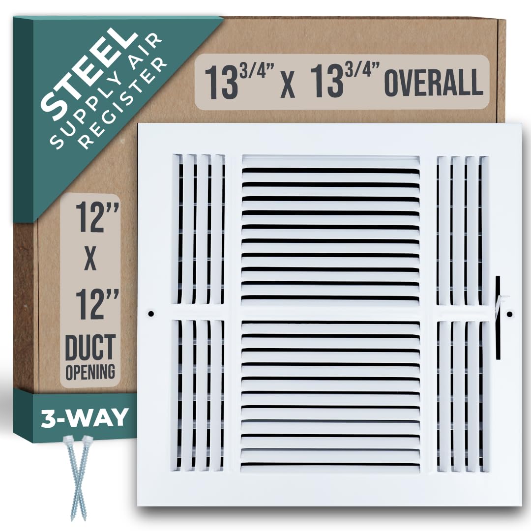 Fits 12x12 Duct Opening 3 Way Steel Air Supply Diffuser by Handua | Register Vent Cover Grille for Sidewall and Ceiling | White | Outer Dimensions: 13.75" X 13.75"