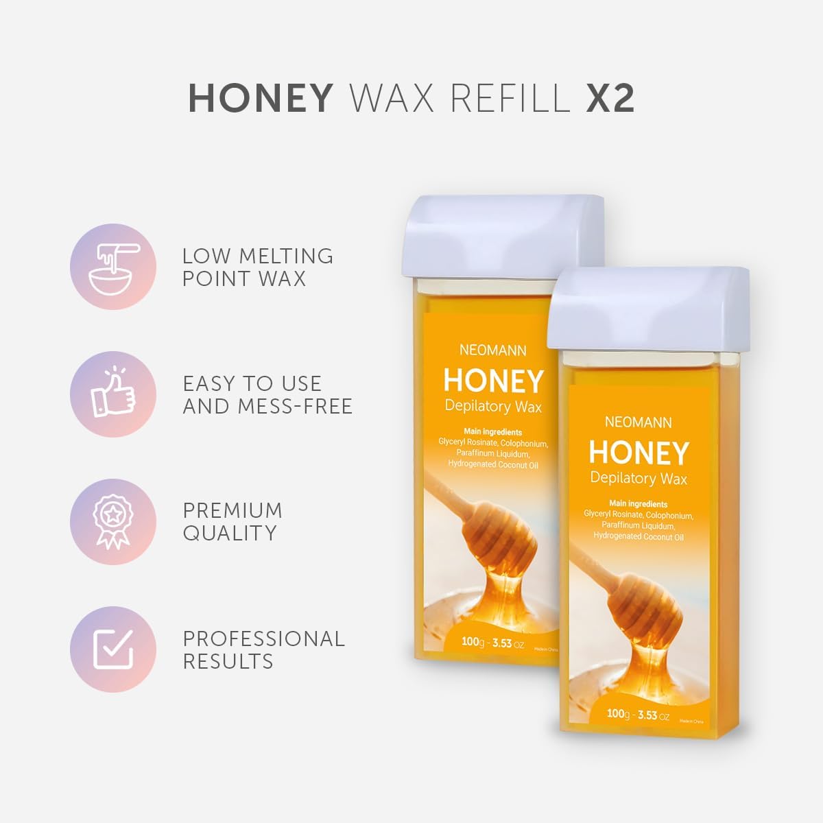 2x Honey Wax n Roll Kit d'épilation | Chauffe-cire Roll On avec 2x cartouches de miel (Rose), 50 bandes de cire et 6 lingettes de soin – Qualité salon pour la maison