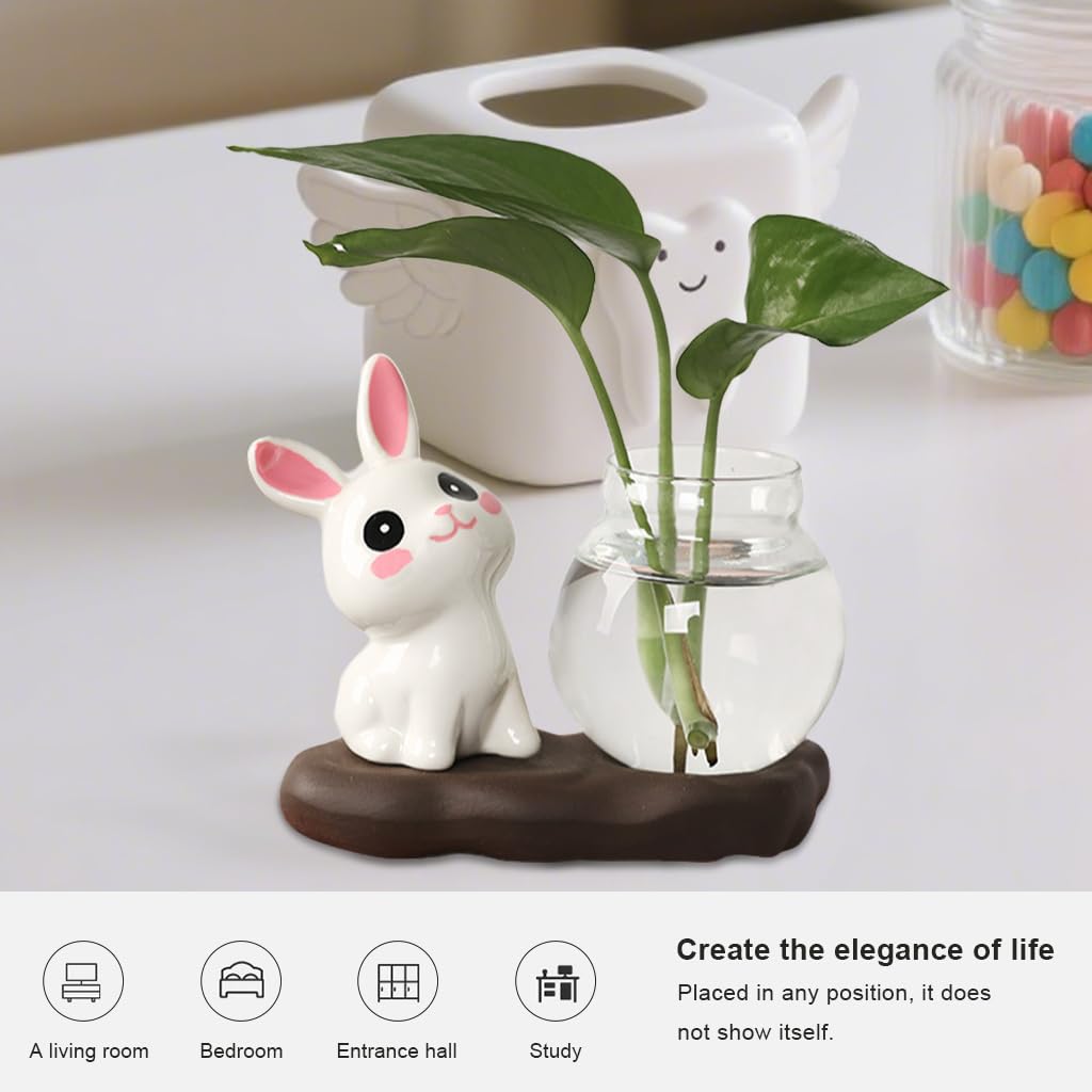 HASTHIP® Hydroponics Glass Planter, Mini Glass Hydroponics Pot Ornament, Art Cute Bunny Desk Ornament with Base, Air Planter Bulb Vase for Shelf, Office 4