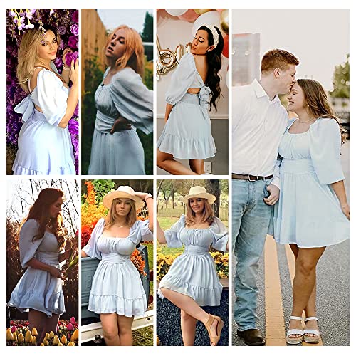 EXLURA Womens Lantern Sleeve Tie Back Dress Ruffled Off Shoulder A-Line Vintage Mini Dress Blue