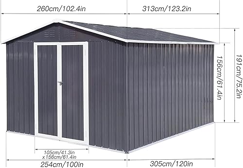 Miniatura 6 de Cobertizo de almacenamiento para exteriores de 10 x 8 pies, cobertizo de jardín de metal para bicicleta, basura, herramientas, armario de