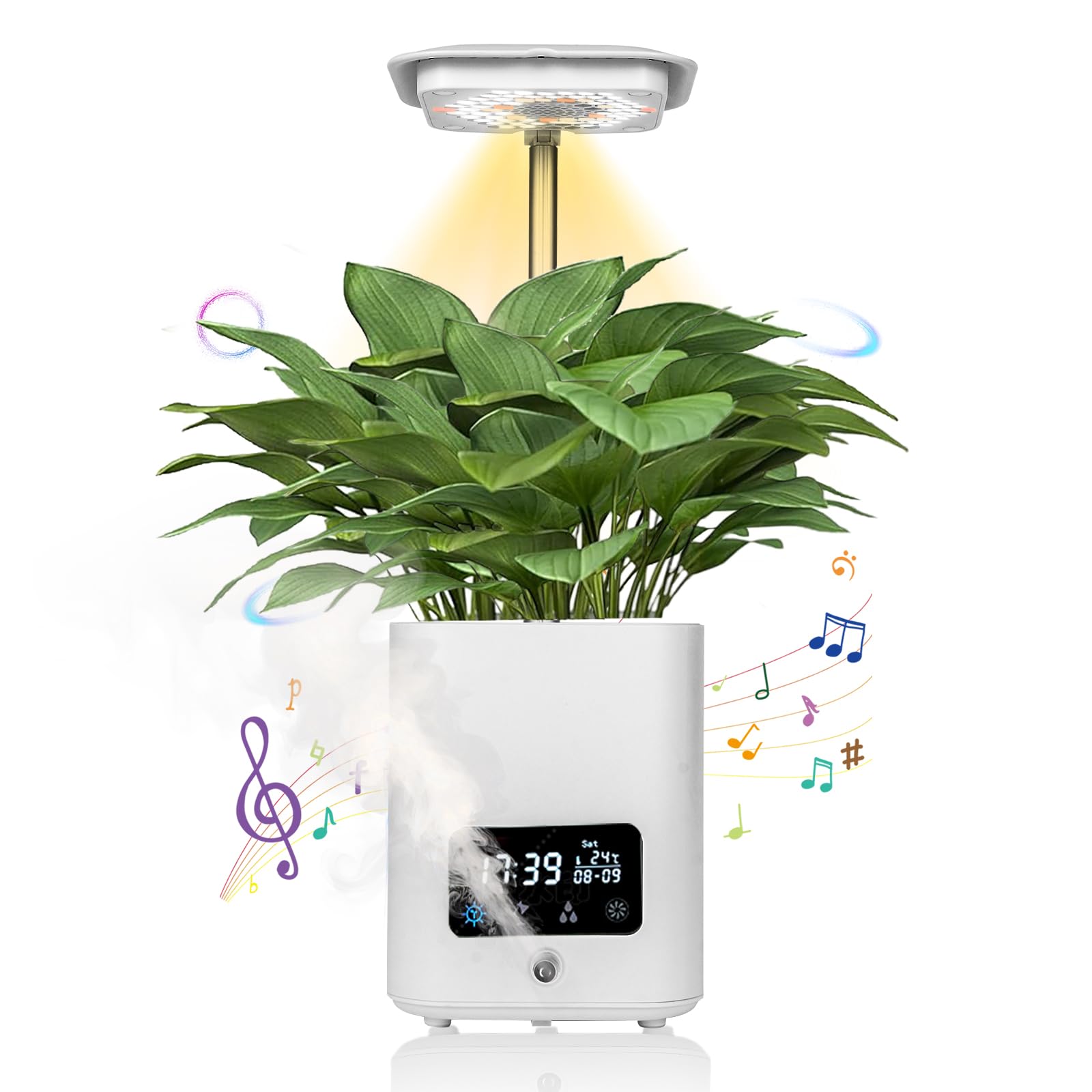 Pot de fleurs intelligent multifonctionnel, pot de fleurs pour plantes d'intérieur en hydroponie avec enceinte Bluetooth, lumière LED de croissance réglable pour plantes, humidificateur, purification