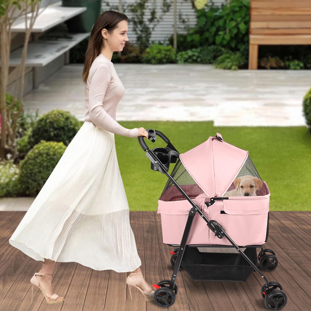 Carrito plegable para mascotas, carrito plegable impermeable para perros y gatos, techo extraíble incluido, portavasos, cesta de almacenamiento, ruedas con freno, 50 x 65 x 99 cm (rosa)