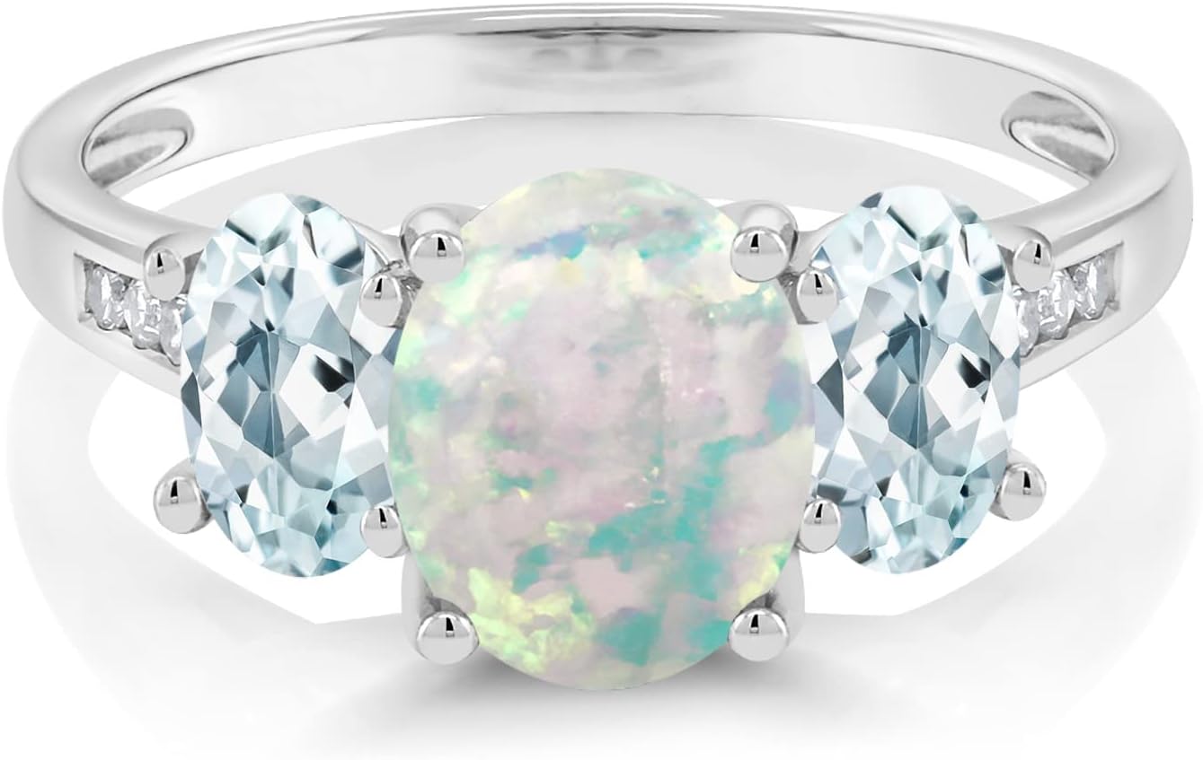 Gem Stone King 10K White Gold Gemstone Birthstone Aquamarine and Diamond Accents 3-Stone Engagement Ring for Women | Oval 8X6MM and 6X4MM | Elegant Wedding Anniversary Promise Ring | Size 5-9