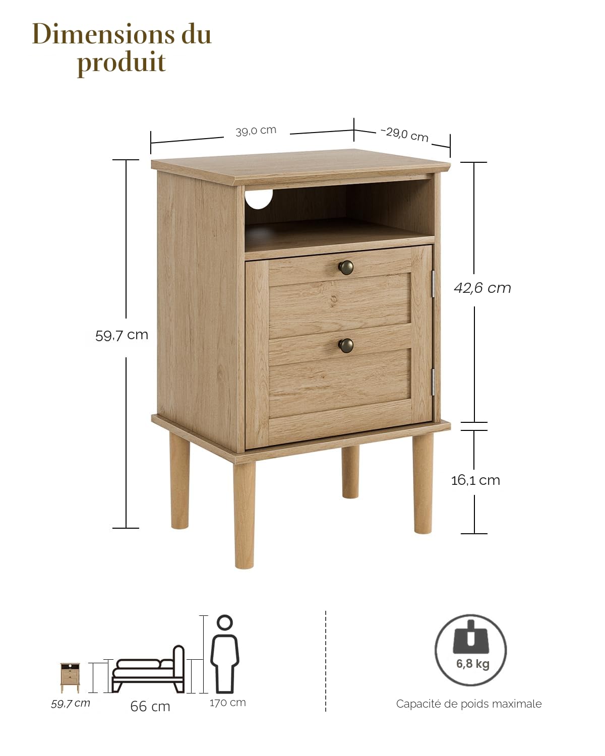 HEYZOEY Table de chevet en bois avec porte et compartiment ouvert, table d'appoint avec rangement pour chambre à coucher et salon, moderne table de nuit (Chêne clair, 39×29×60 cm)