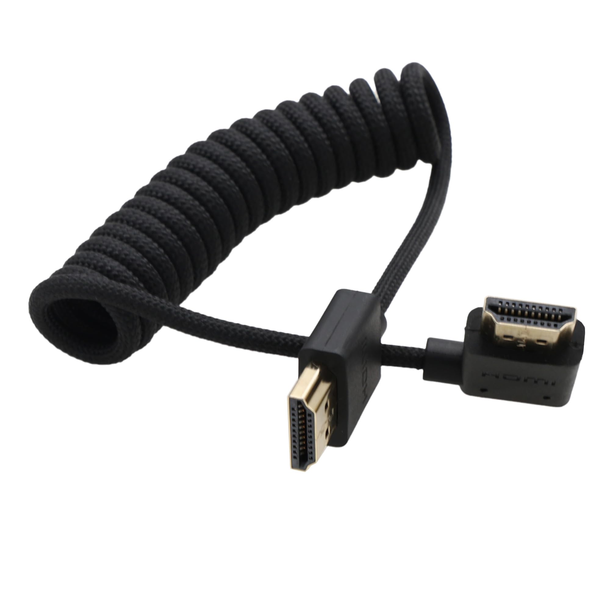 HangTon Cavo HDMI ad alta velocità per ATOMOS Ninja V Shinobi, Sony Canon Lumix Nikon Blackmagic TV Laptop Proiettore PS5 Xbox FEELWORLD Portkeys, Nero intrecciato a spirale, da angolo retto ad angolo