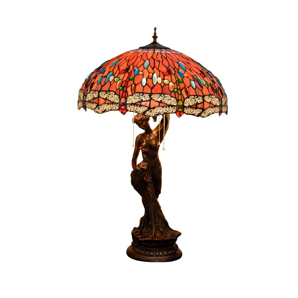 Aioneer Tiffany Style Large Table Lamp Dragonfly Red Glassshade Desk Lamp, Vintage Decoration Bedside/Nightstand Light Living Room Bedroom