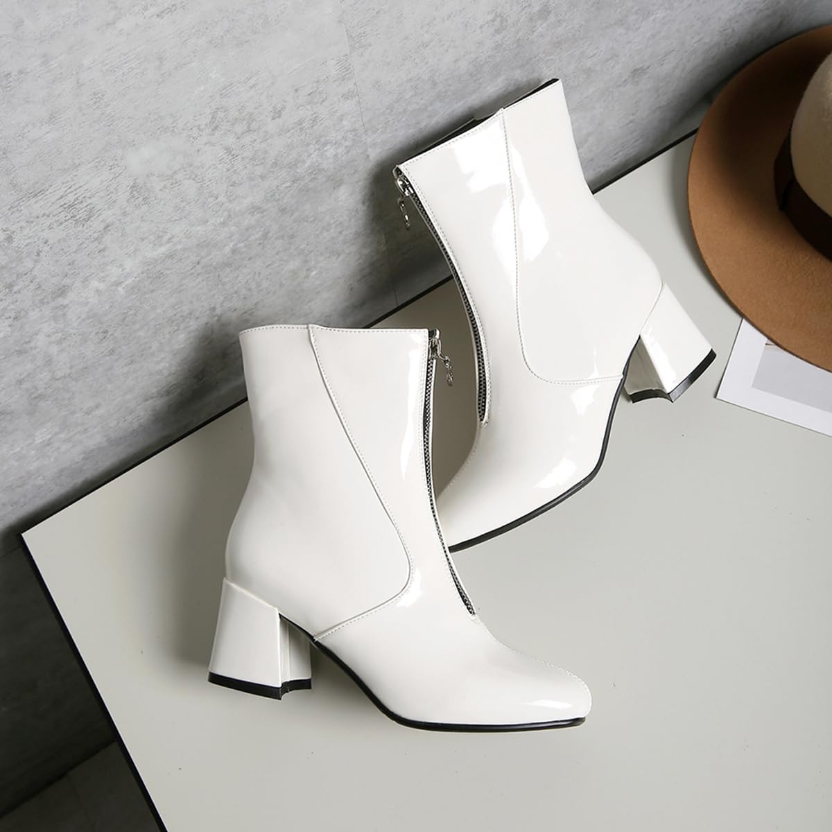 Women's Fashion Chunky Mid Heels Dressy Ankle Boots Round Toe Front Zipper Winter Fall Short Booties