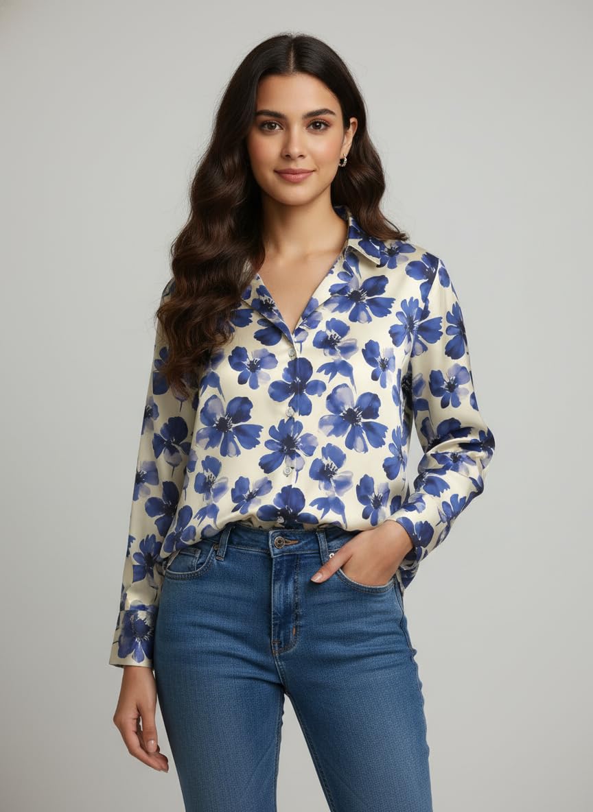 ANNI Designer Bedrucktes Damenhemd aus Baumwollmischgewebe, langärmelig, normale Passform, Hemdkragen, legere Bürokleidung, elegante Western-Kleidung für den Alltag, Hochzeit, Party