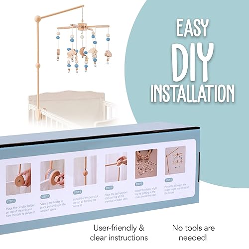 Miniatura 8 de BlueMello Starry Night Baby - Juego de soporte móvil 2 en 1 para cuna | Percha de madera y estrellas para niños y niñas | Decoración colgante de