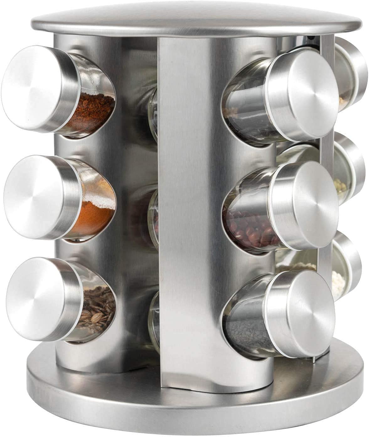 Revolving Spice Rack for Kitchen | 12 Glass Jars with Sprinkler Lids | Stainless Steel Countertop Rotating Masala Organizer Stand | Space-Saving Spice Storage Rack