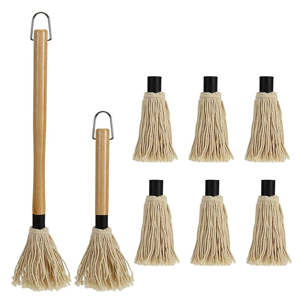 CTRLZS 2 Pack Grilling Basting Mop, BBQ Sauce Basting Mops & Brushes with Wooden Long Handle and 6 Extra Replacement Parts