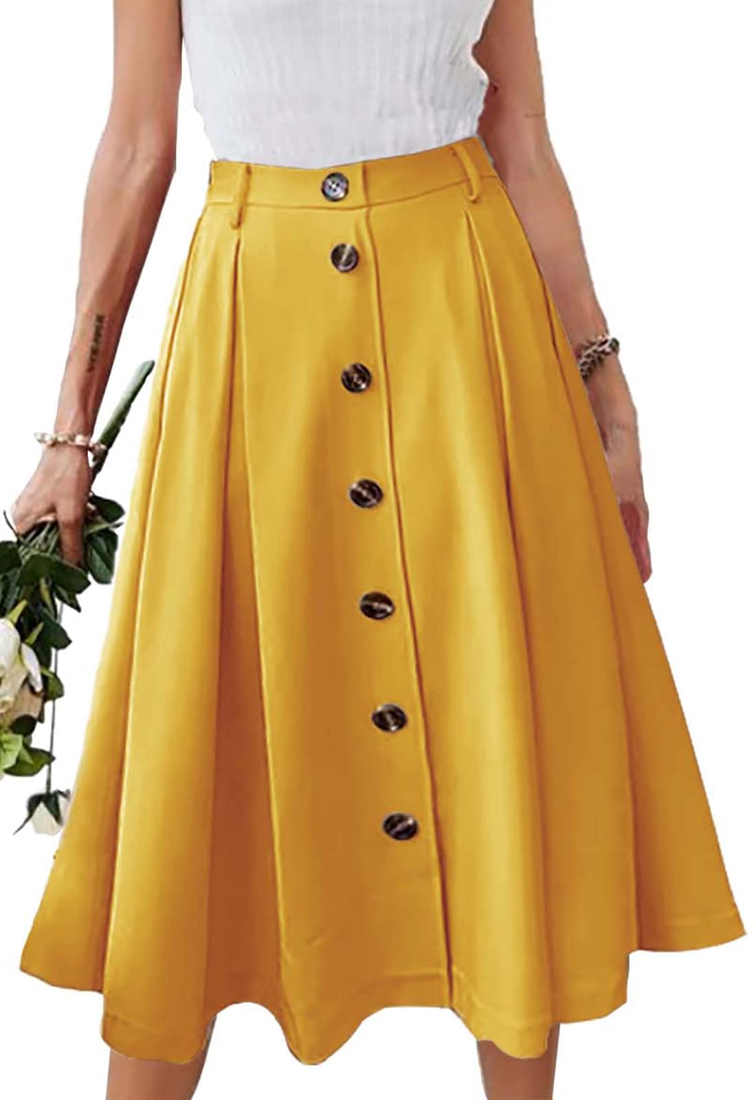 HERBATOMIA Pleated A-line Midi Skirt Elastic Waist Button Front Casual Flared Long Skirts with Pocket for Women