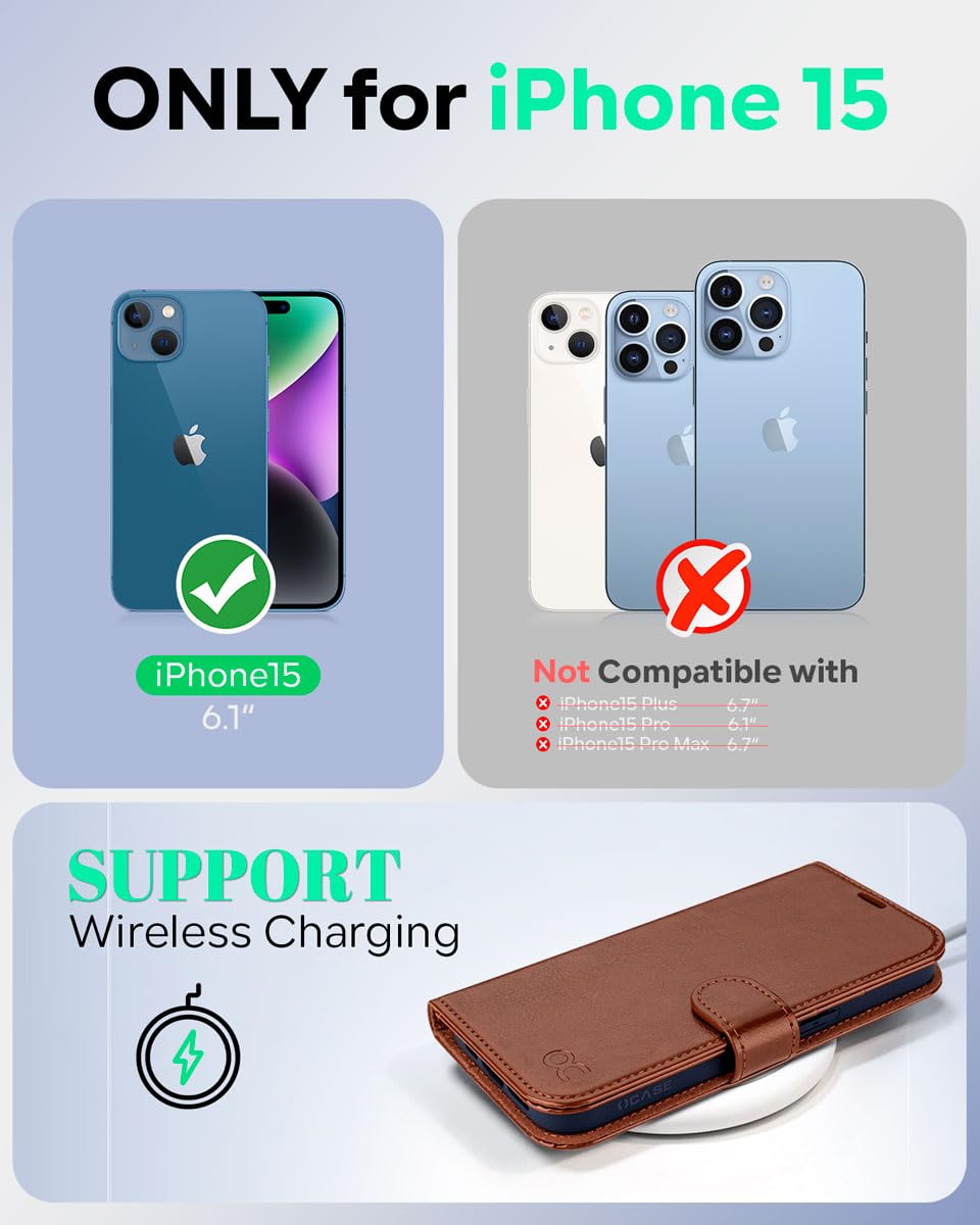 OCASE Compatible with iPhone 15 Wallet Case, PU Leather Flip Folio Case with Card Holders RFID Blocking Kickstand [Shockproof TPU Inner Shell] Phone Cover 6.1 Inch 2023, Brown