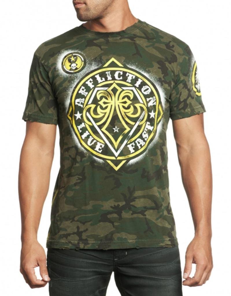 Affliction Men Shirt Radiant Camouflage Tee S/s Crew Neck in Green Wash