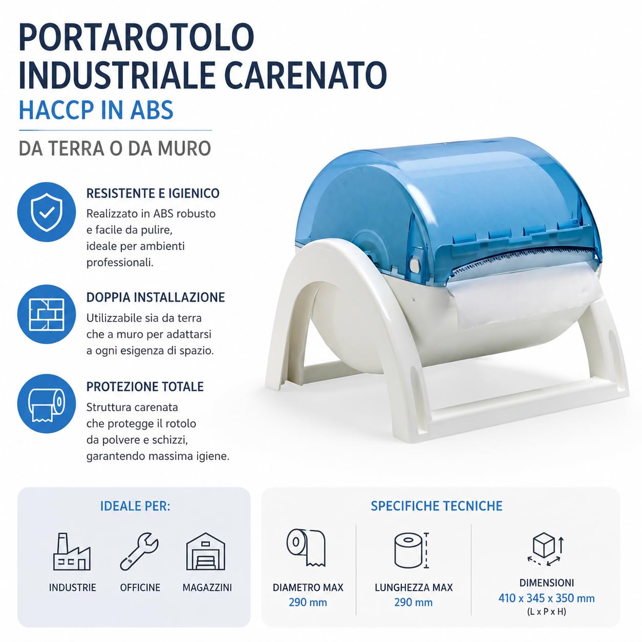 Portarotolo Industriale Carenato HACCP in ABS, Da Terra o da Muro