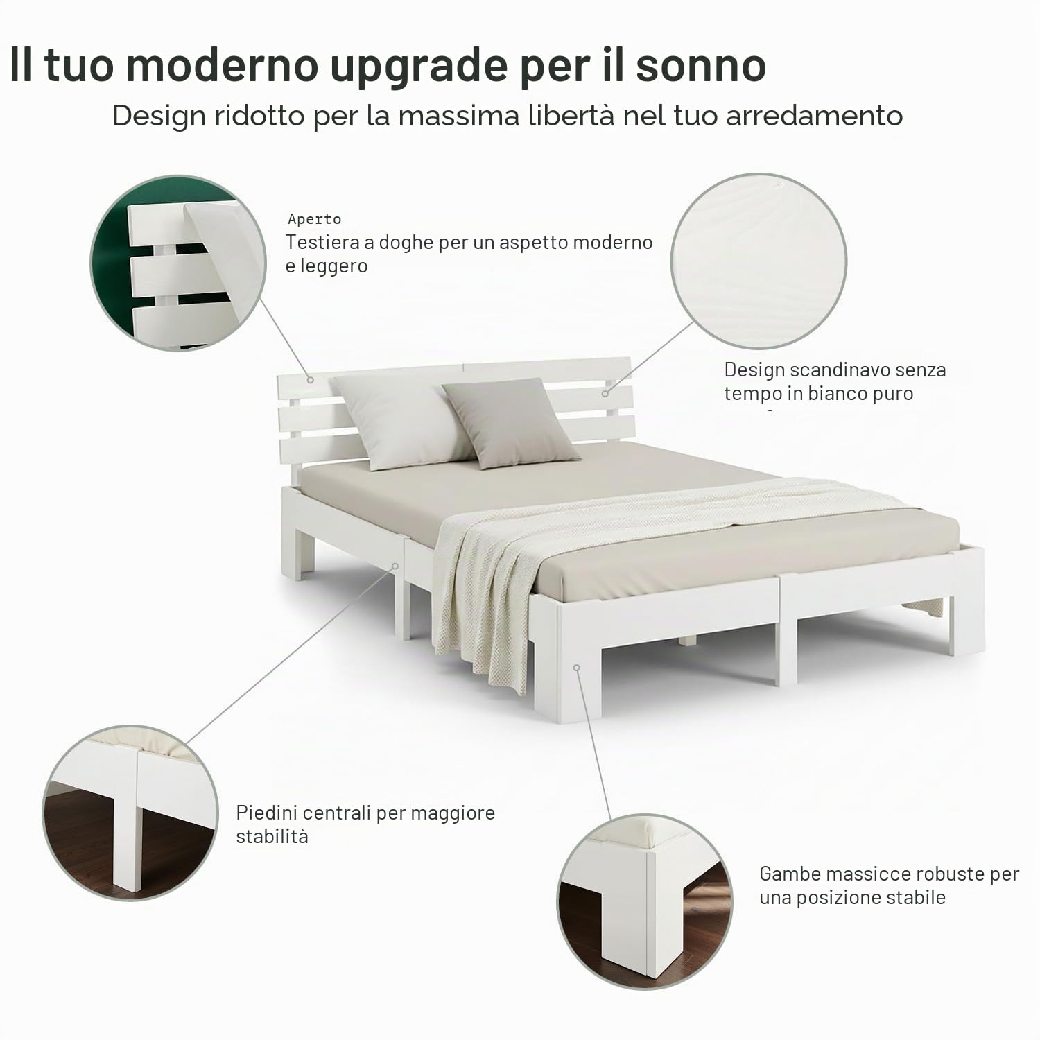 Homestyle4u Letto matrimoniale 160 x 200 in legno di pino massiccio bianco telaio letto con rete a doghe