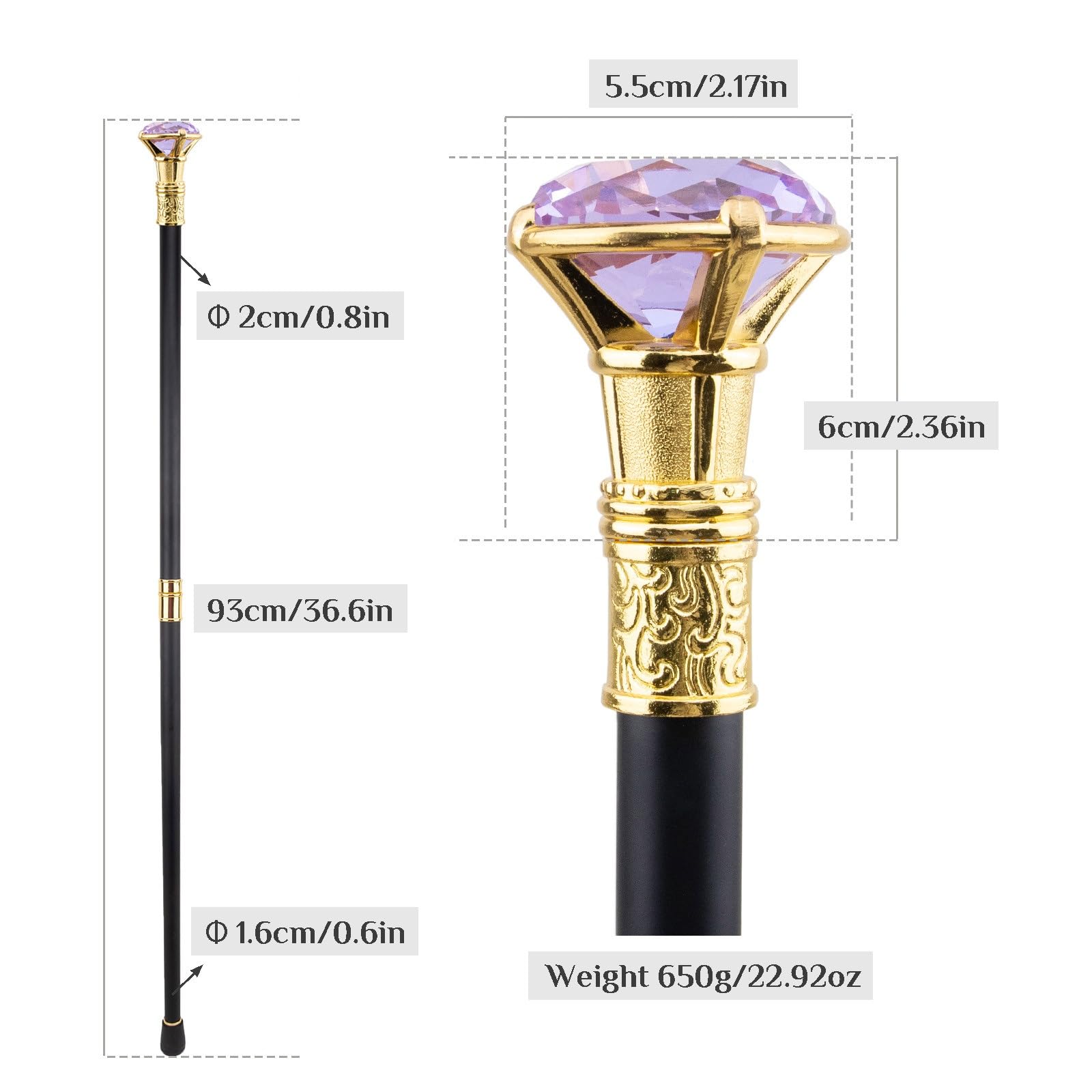 Bastón Dorado Elegante con Piedra Morada Clara, Decorativo de Lujo para Caballero, Cosplay & Eventos Formales 93cm