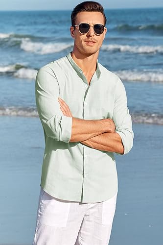 Miniatura 2 de Makkrom Camisa de lino para hombre, con botones, manga larga, algodón, cuello de banda de playa, camisas casuales de verano