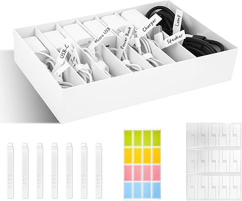 Caja organizadora de cables con bridas de alambre y etiquetas, organizador de almacenamiento de cable de carga con compartimentos ajustables,