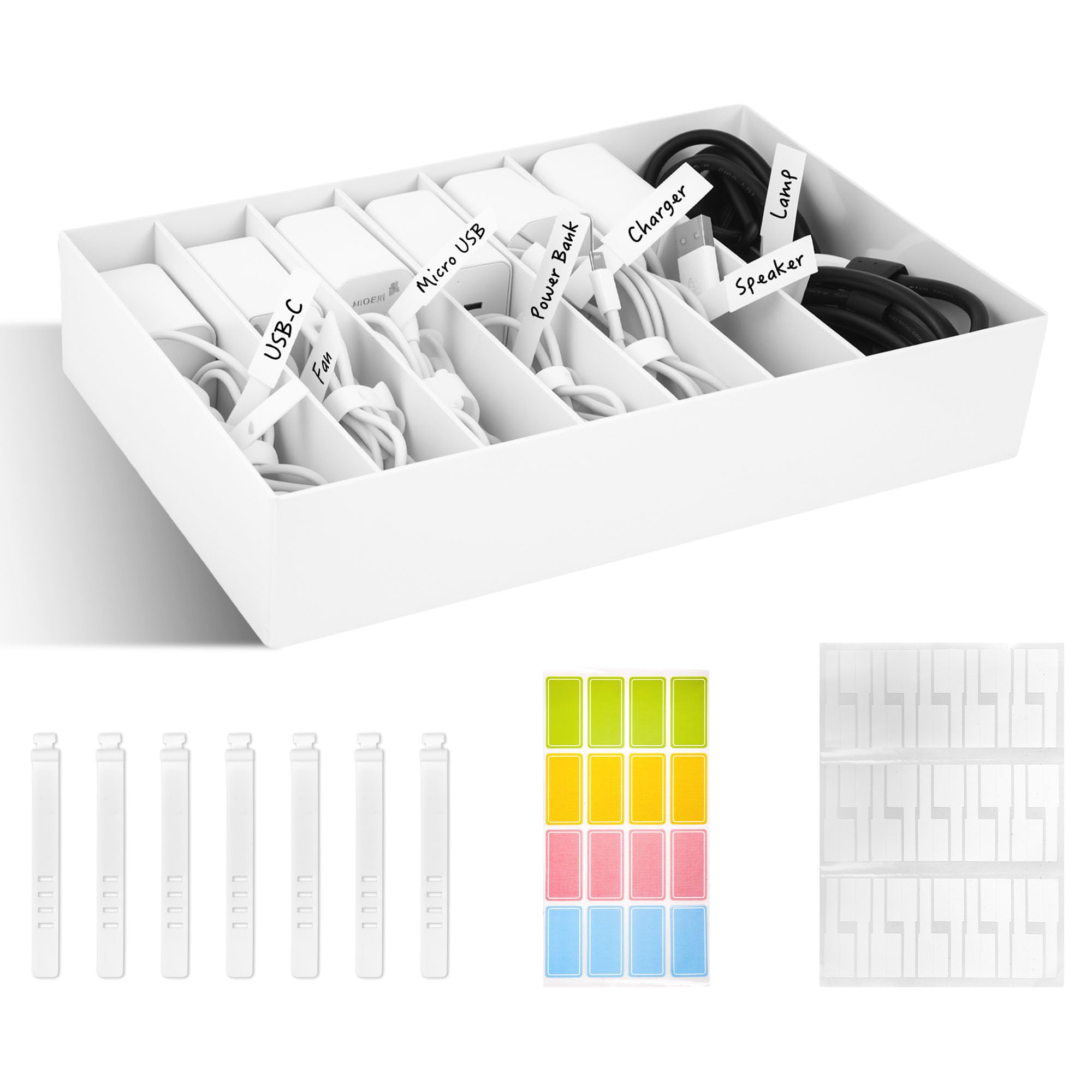 Cable Organizer Box with Wire Ties and Labels, Charger Cable Cord Storage Organizer with Adjustable Compartments, Desk Accessories Storage for Home, Office, Stackable（2Pcs）