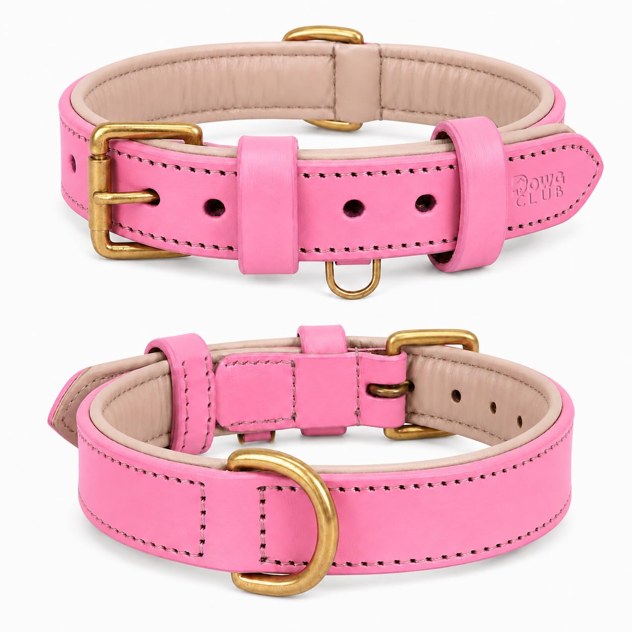 DowgClub Genuine Leather Dog Collar, Light Pink, Small, Soft Padding