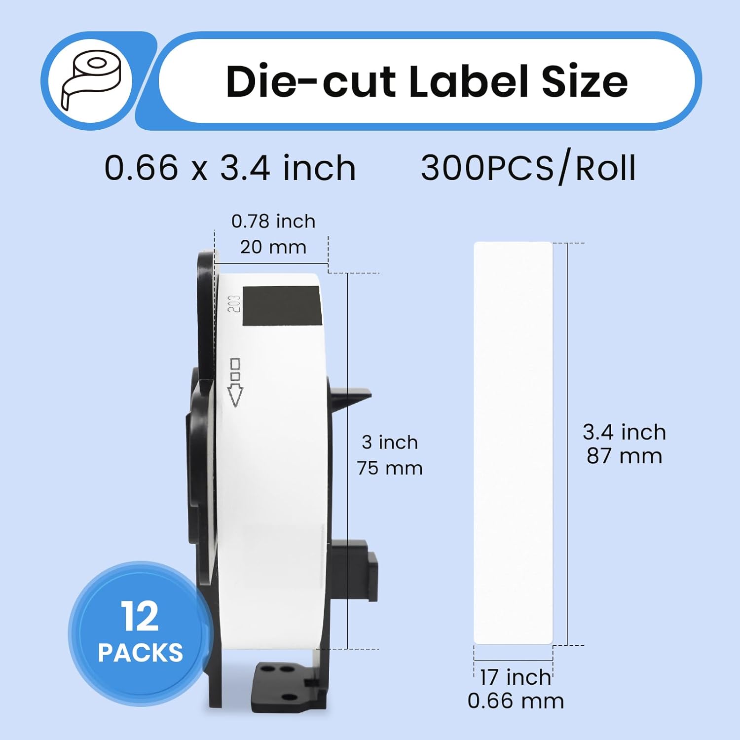 Compatible with Brother DK-11203/DK-1203 (0.66" x 3.4") Removable Die-Cut File Folder Labels Use with Brother QL Label Printers 12 Rolls 3600 PCS