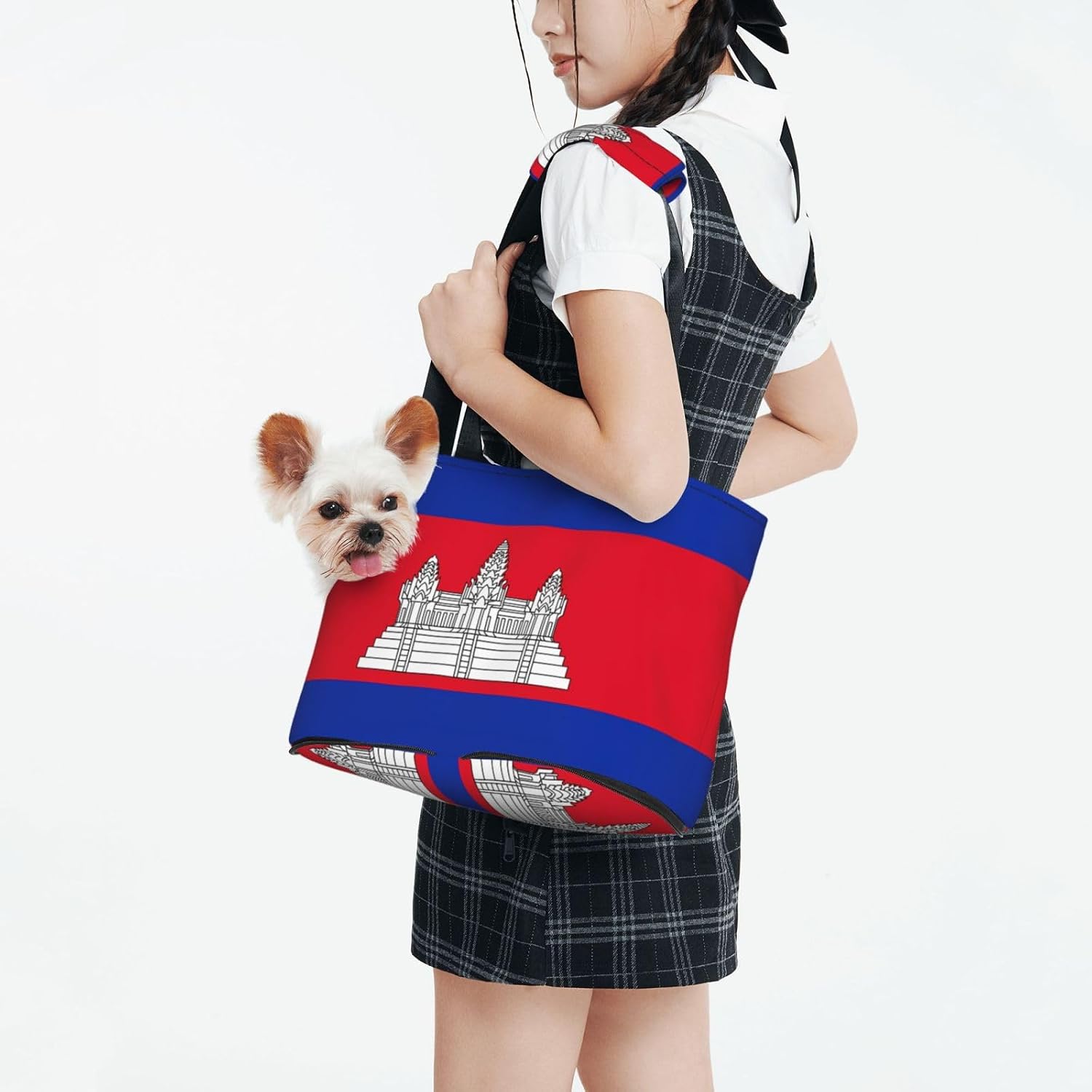 Cambodia Flag Pet Tote Bag for Small Dogs and Cats, Travel Shoulder Carrier, 15.2 x 10.4 x 7.5 Inches, Polyester, with Adjustable Shoulder Strap image 3