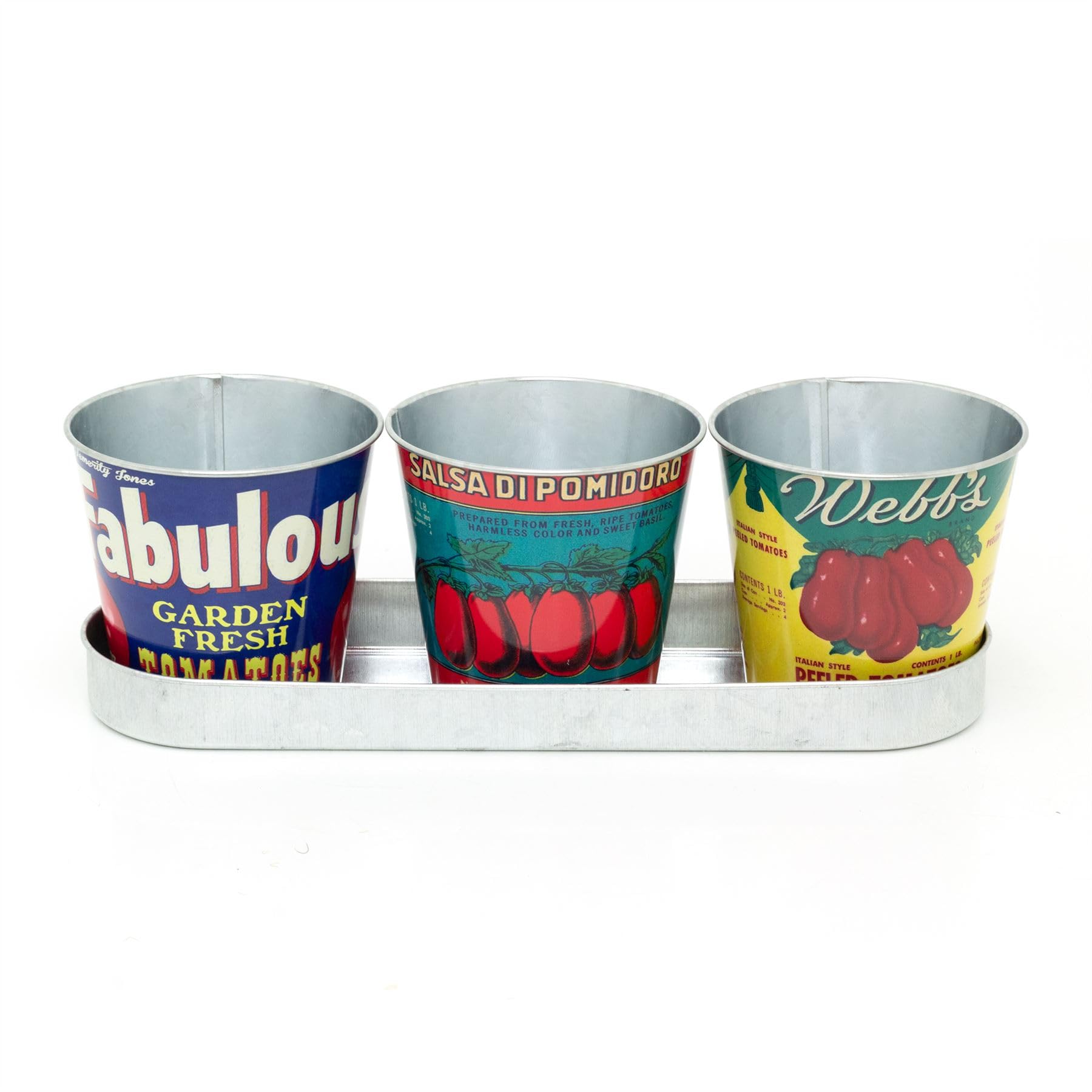 Carousel Home Set of 3 Vintage Style Planters with Tray | Retro Tomato Tin Plant Pots | Window Sill Herb Planter Flower Pots on Saucer