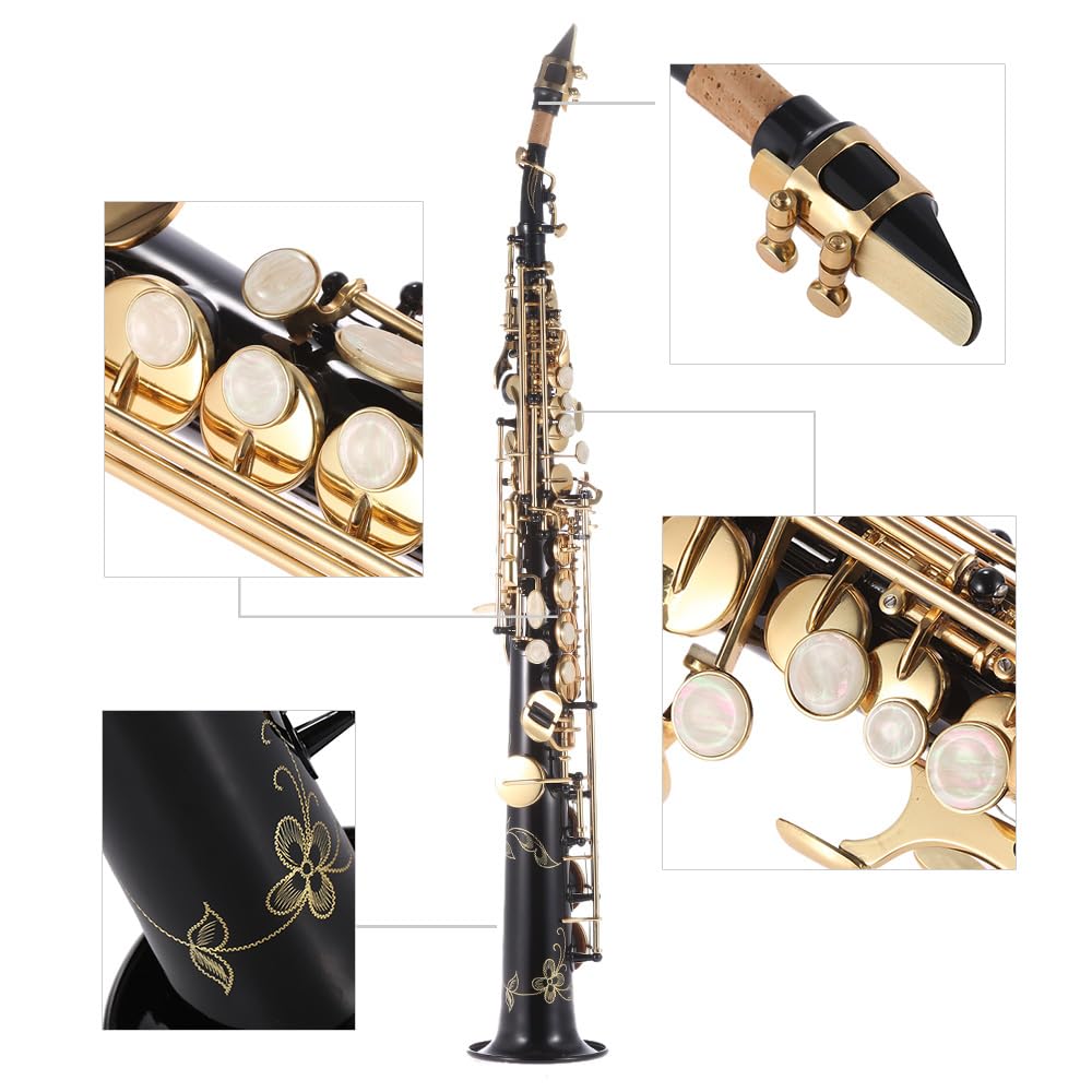 HUIOP Ottone Dritto Sax Soprano Sassofono Sib B Strumento a fiato Piatto Conchiglia Naturale Modello Intagliato con Custodia Guanti Panno per la Pulizia Cinghie Asta per la Pulizia